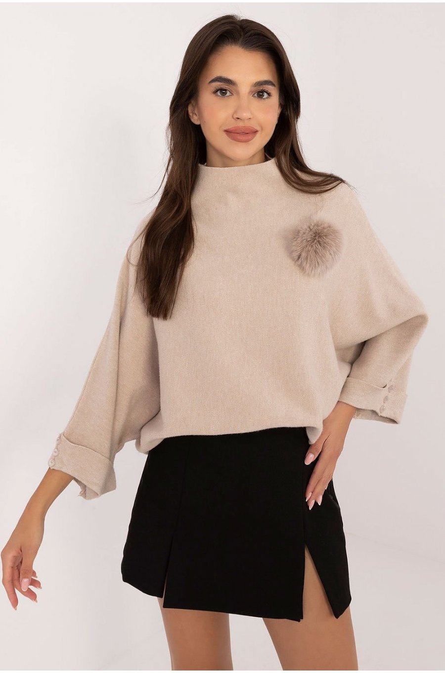 Pulover dama elegant, din vascoza, bej, cu guler inalt si maneca trei sferturi, Swetee 1 - jojofashion.ro