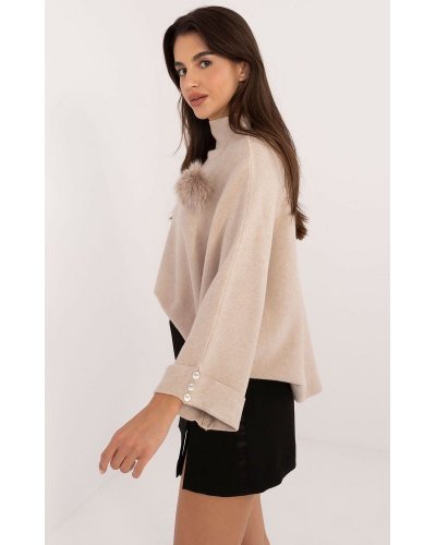 Pulovere dama, Pulover dama elegant, din vascoza, bej, cu guler inalt si maneca trei sferturi, Swetee - jojofashion.ro