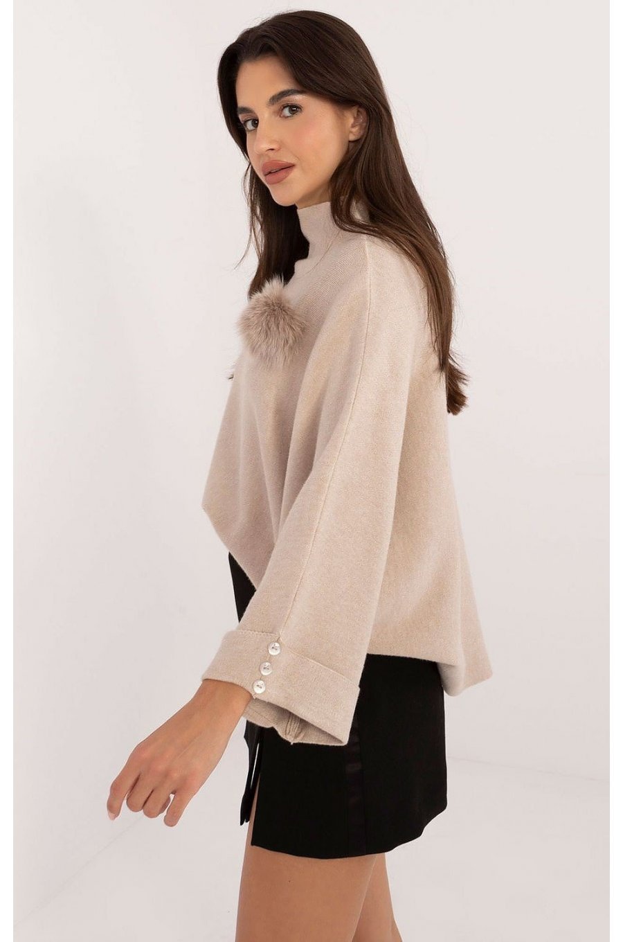 Pulover dama elegant, din vascoza, bej, cu guler inalt si maneca trei sferturi, Swetee 2 - jojofashion.ro