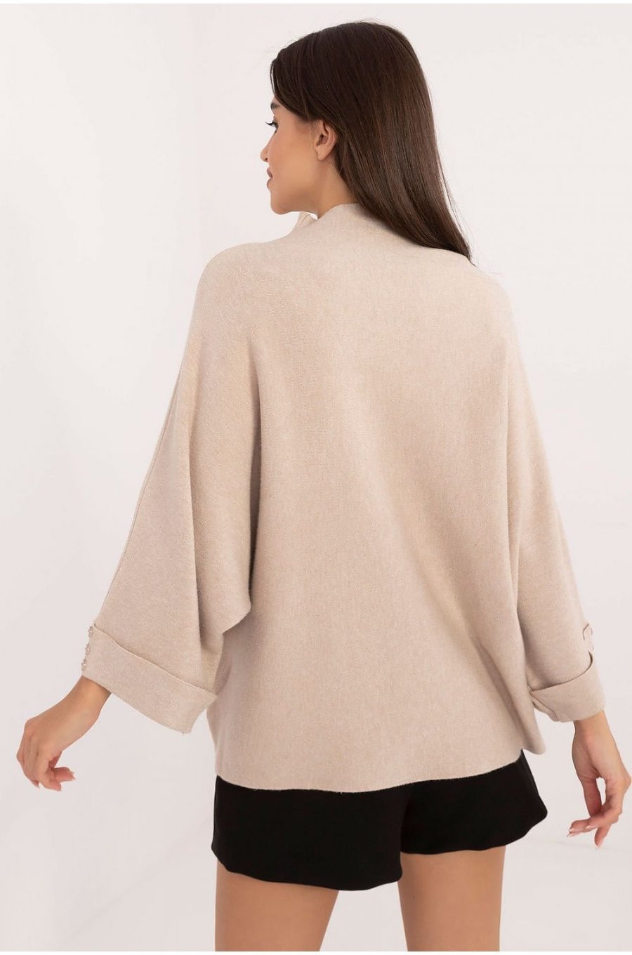 Pulover dama elegant, din vascoza, bej, cu guler inalt si maneca trei sferturi, Swetee 3 - jojofashion.ro