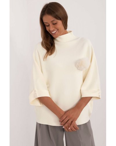 Pulovere dama, Pulover dama elegant, din vascoza, ecru, cu guler inalt si maneca trei sferturi, Swetee2 - jojofashion.ro