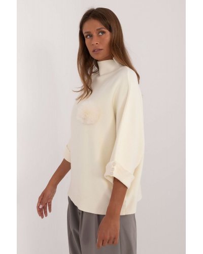 Pulovere dama, Pulover dama elegant, din vascoza, ecru, cu guler inalt si maneca trei sferturi, Swetee2 - jojofashion.ro