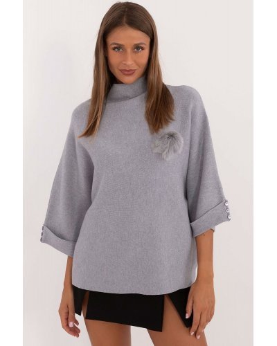 Pulovere dama, Pulover dama elegant, din vascoza, gri, cu guler inalt si maneca trei sferturi, Swetee1 - jojofashion.ro