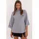 Pulover dama elegant, din vascoza, gri, cu guler inalt si maneca trei sferturi, Swetee1 2 - jojofashion.ro