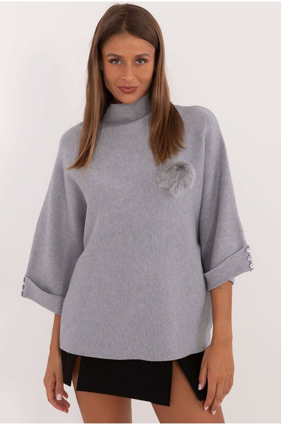 Pulover dama elegant, din vascoza, gri, cu guler inalt si maneca trei sferturi, Swetee1 1 - jojofashion.ro