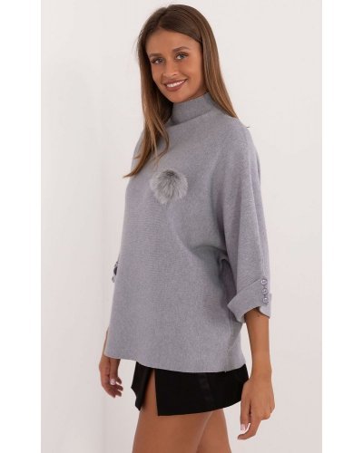 Pulovere dama, Pulover dama elegant, din vascoza, gri, cu guler inalt si maneca trei sferturi, Swetee1 - jojofashion.ro
