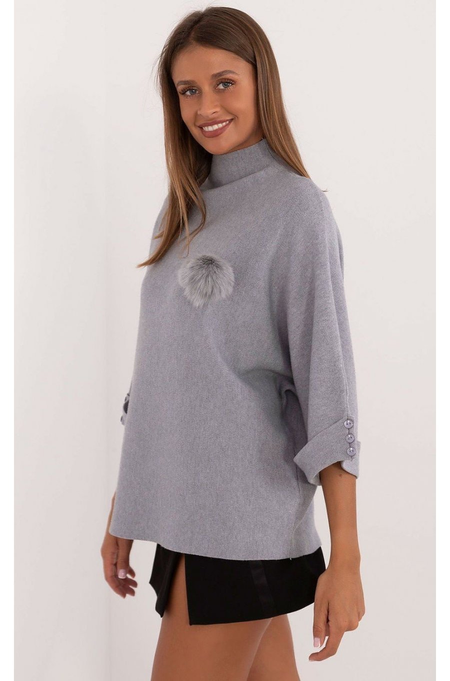 Pulover dama elegant, din vascoza, gri, cu guler inalt si maneca trei sferturi, Swetee1 2 - jojofashion.ro