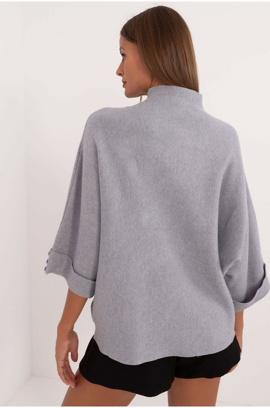 Pulover dama elegant, din vascoza, gri, cu guler inalt si maneca trei sferturi, Swetee1 3 - jojofashion.ro