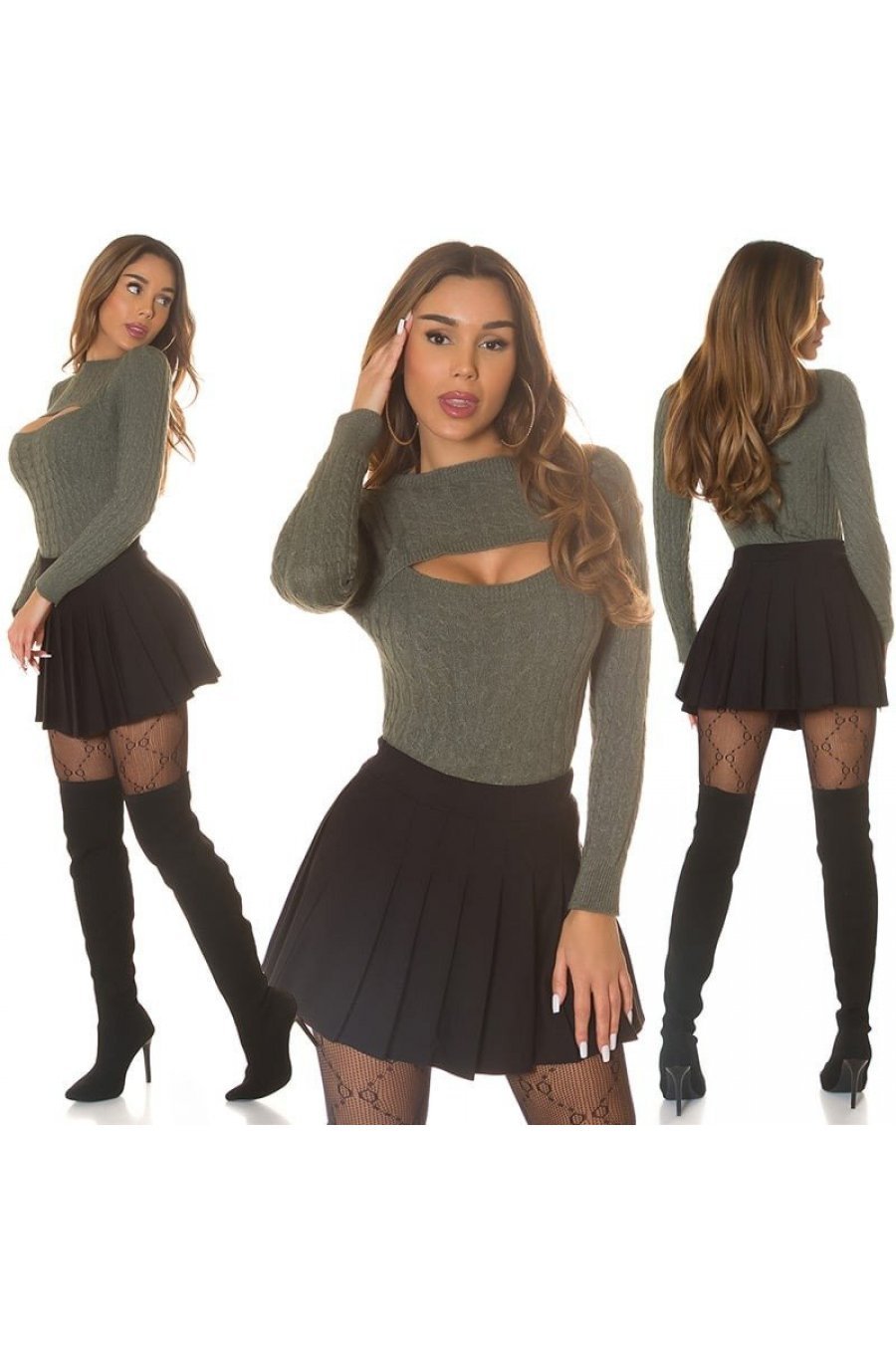 Pulover dama kaki cu decupaj la bust, Unna Pulover dama kaki cu decupaj la bust, Unna 4 - jojofashion.ro
