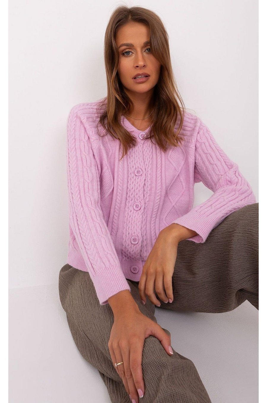 Pulover dama lila, din acril, cu nasturi si decolteu rotund, Mellek5 1 - jojofashion.ro
