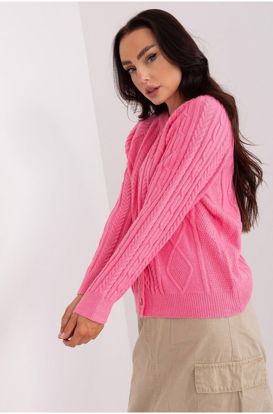 Pulover dama roz, din acril, cu nasturi si decolteu rotund, Mellek1 2 - jojofashion.ro