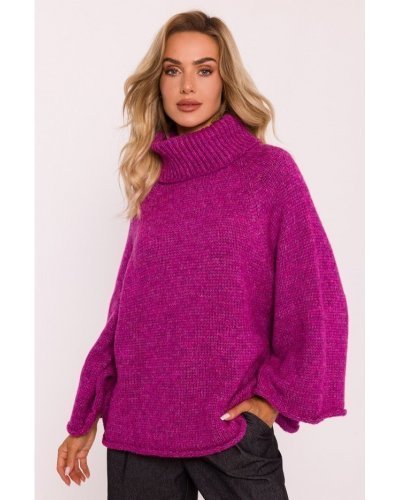 Pulover dama roz magenta, oversize, cu guler inalt si maneca larga, Haudrey1 Pulover dama roz magenta, oversize, cu guler inalt si maneca larga, Haudrey1 - jojofashion.ro