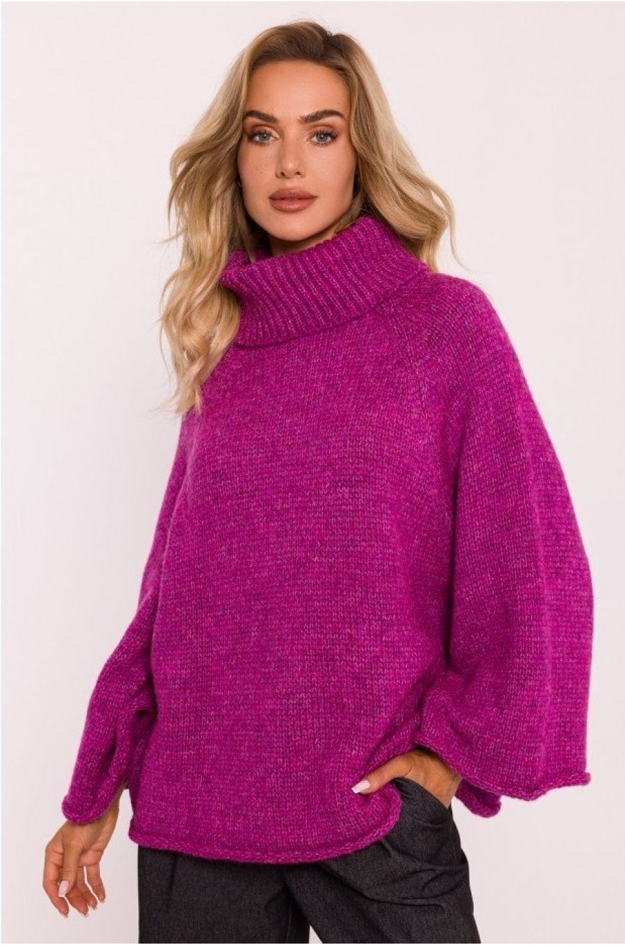Pulover dama roz magenta, oversize, cu guler inalt si maneca larga, Haudrey1 1 - jojofashion.ro