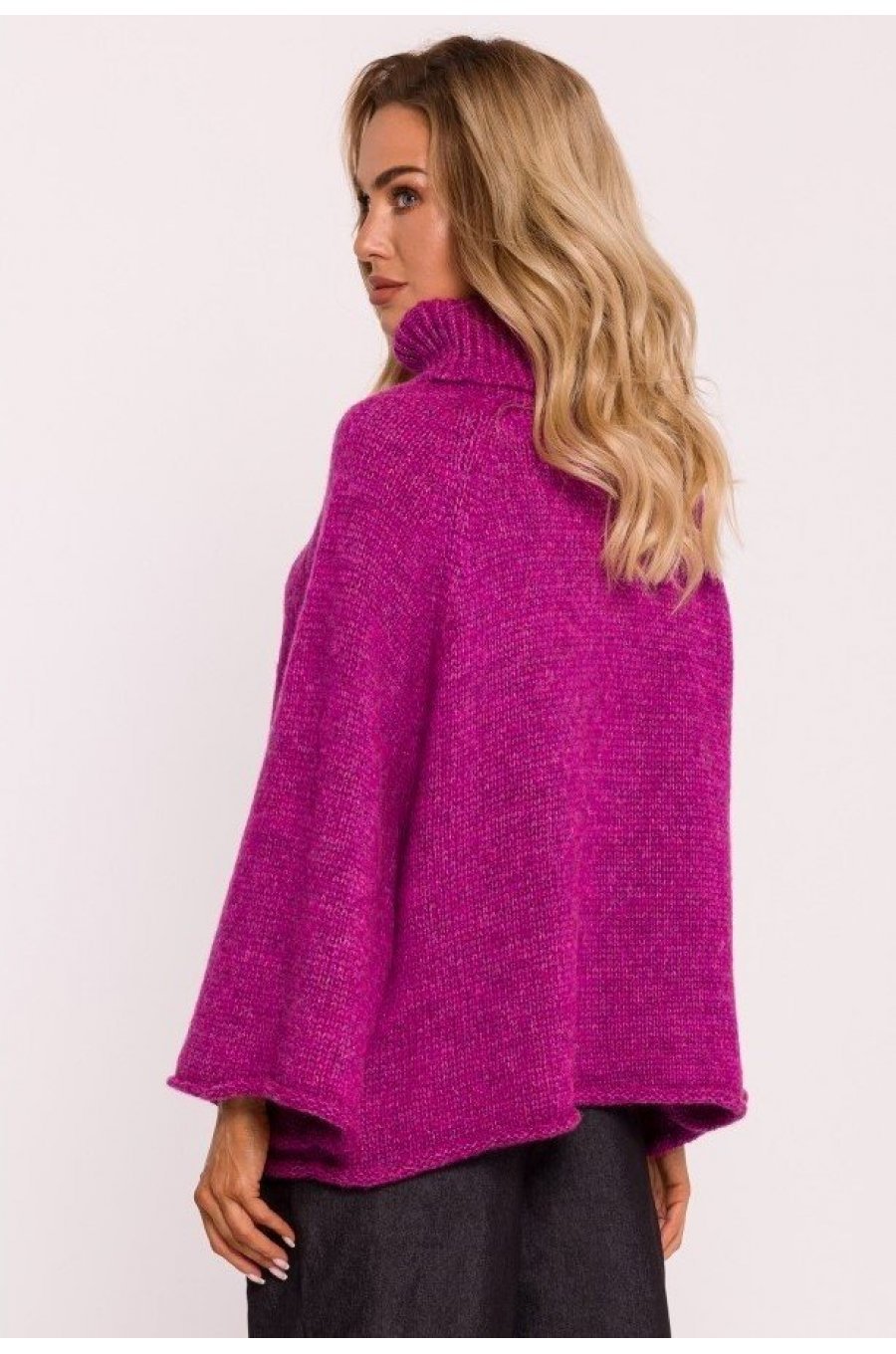 Pulover dama roz magenta, oversize, cu guler inalt si maneca larga, Haudrey1 2 - jojofashion.ro