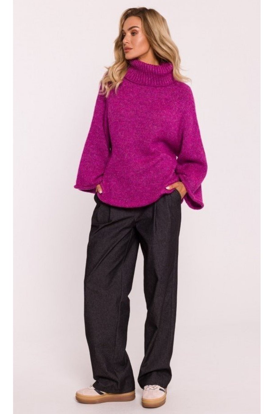 Pulover dama roz magenta, oversize, cu guler inalt si maneca larga, Haudrey1 3 - jojofashion.ro