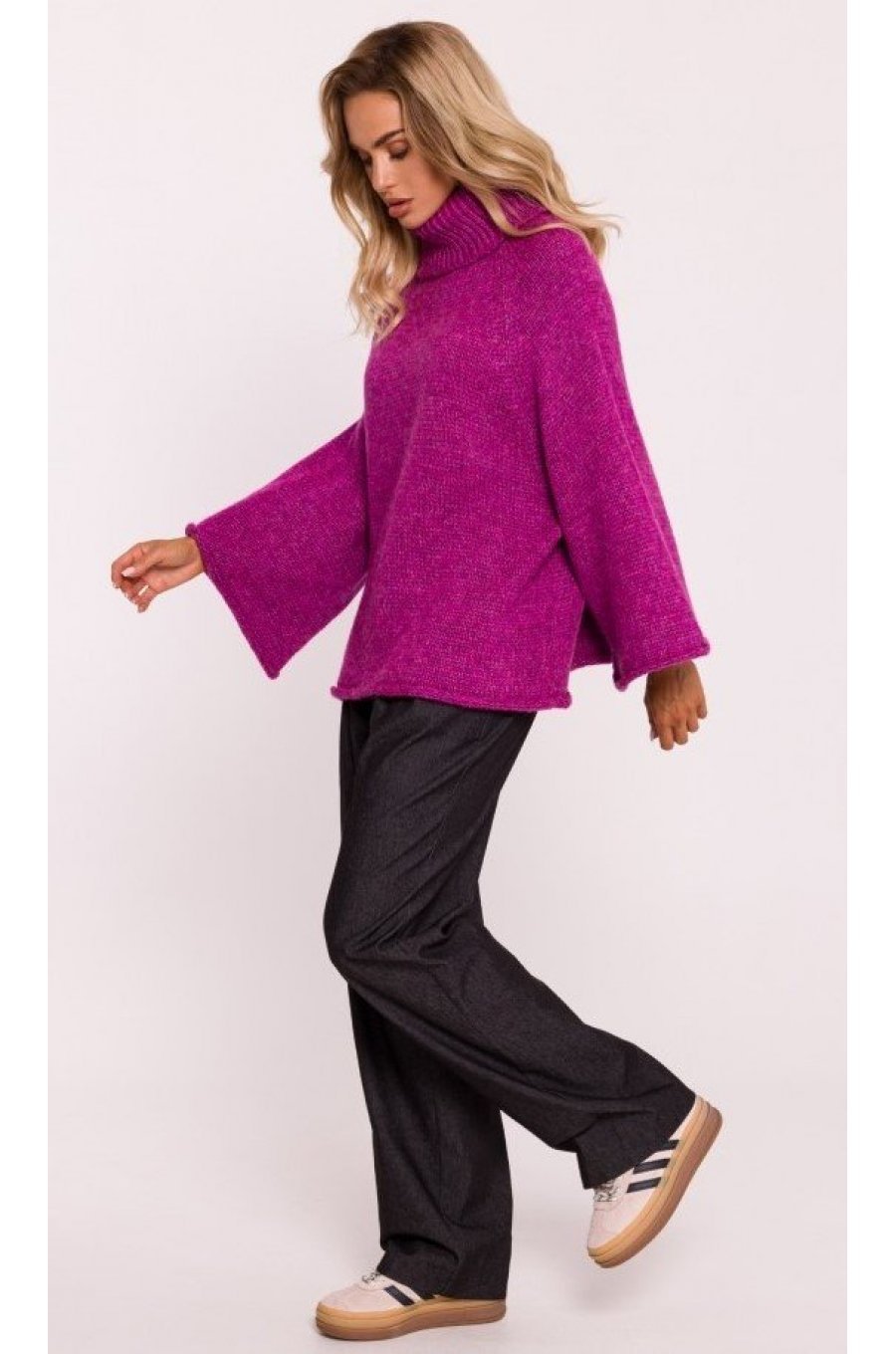 Pulover dama roz magenta, oversize, cu guler inalt si maneca larga, Haudrey1 4 - jojofashion.ro