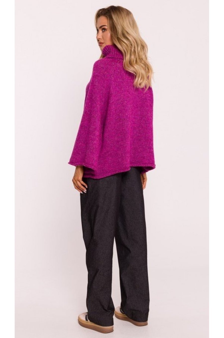 Pulover dama roz magenta, oversize, cu guler inalt si maneca larga, Haudrey1 5 - jojofashion.ro