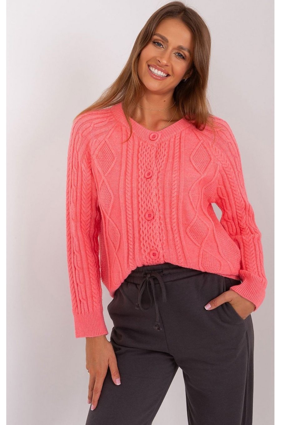 Pulover dama roz somon, din acril, cu nasturi si decolteu rotund, Mellek4 Pulover dama roz somon, din acril, cu nasturi si decolteu rotund, Mellek4 1 - jojofashion.ro
