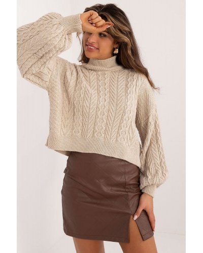Pulovere dama, Pulover dama scurt, din acryl, bej, cu guler inalt, Dommenica1 - jojofashion.ro
