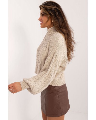 Pulovere dama, Pulover dama scurt, din acryl, bej, cu guler inalt, Dommenica1 - jojofashion.ro