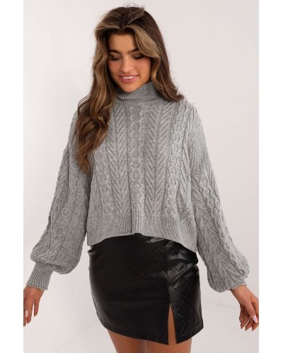 Pulovere dama, Pulover dama scurt, din acryl, gri, cu guler inalt, Dommenica - jojofashion.ro