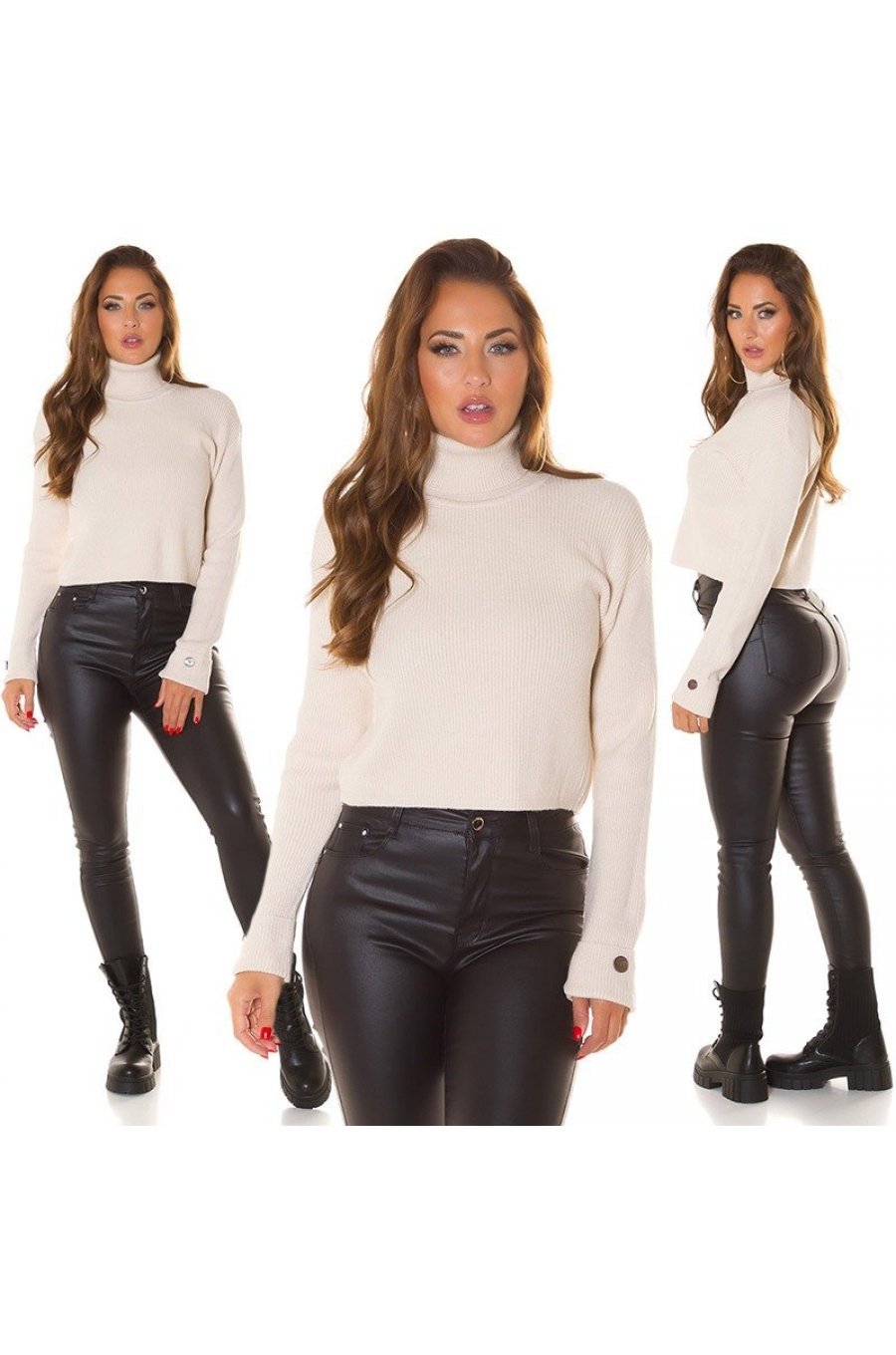 Pulover dama tricotat, crop, bej, cu guler inalt Faylinn Pulover dama tricotat, crop, bej, cu guler inalt Faylinn 5 - jojofashion.ro