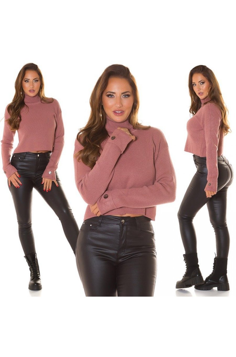 Pulover dama tricotat, crop, roz prafuit, cu guler inalt Faylinn Pulover dama tricotat, crop, roz prafuit, cu guler inalt Faylinn 5 - jojofashion.ro