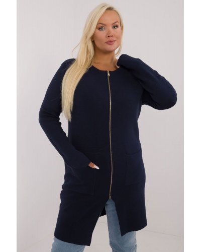 Pulovere dama, Pulover dama XXL midi, tip cardigan, bleumarin, cu buzunare si fermoar, Carrie3 - jojofashion.ro