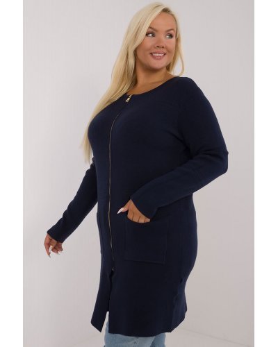 Pulovere dama, Pulover dama XXL midi, tip cardigan, bleumarin, cu buzunare si fermoar, Carrie3 - jojofashion.ro