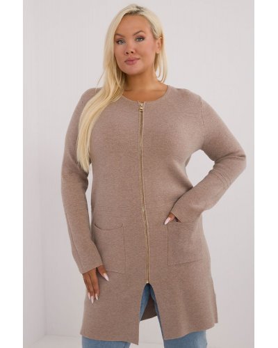 Pulovere dama, Pulover dama XXL midi, tip cardigan, cappuccino, cu buzunare si fermoar, Carrie1 - jojofashion.ro