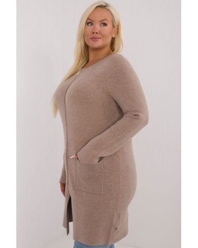Pulovere dama, Pulover dama XXL midi, tip cardigan, cappuccino, cu buzunare si fermoar, Carrie1 - jojofashion.ro