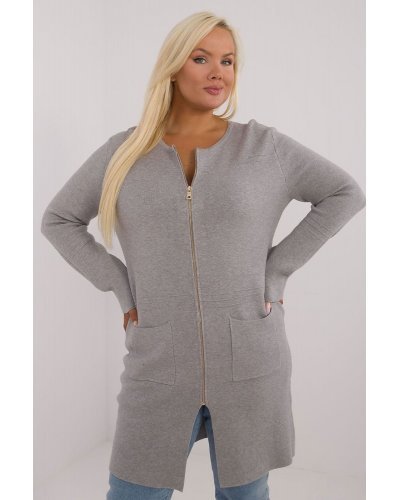 Pulovere dama, Pulover dama XXL midi, tip cardigan, gri, cu buzunare si fermoar, Carrie - jojofashion.ro