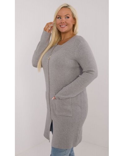 Pulovere dama, Pulover dama XXL midi, tip cardigan, gri, cu buzunare si fermoar, Carrie - jojofashion.ro