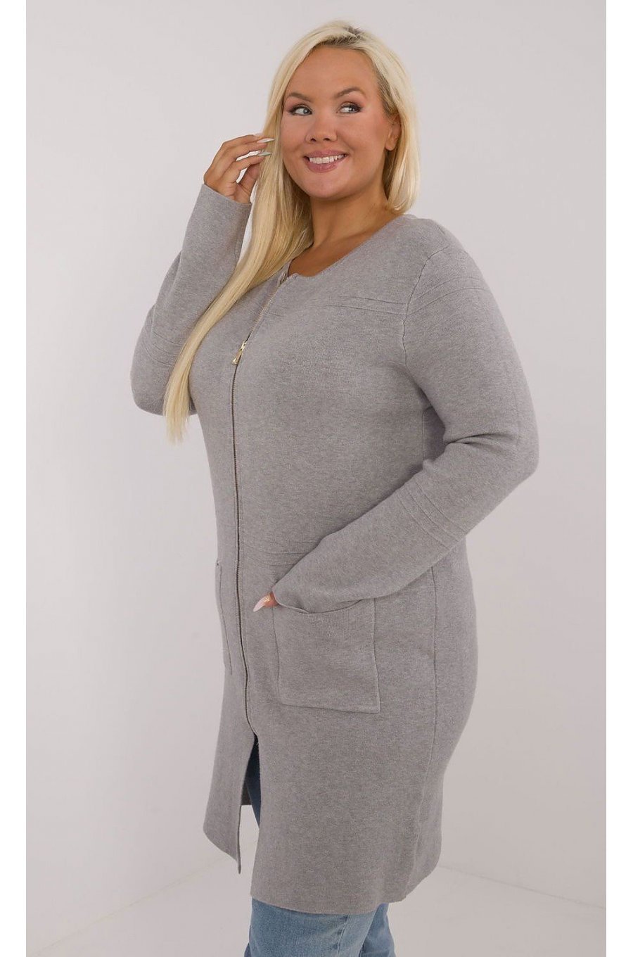 Pulover dama XXL midi, tip cardigan, gri, cu buzunare si fermoar, Carrie Pulover dama XXL midi, tip cardigan, gri, cu buzunare si fermoar, Carrie 2 - jojofashion.ro