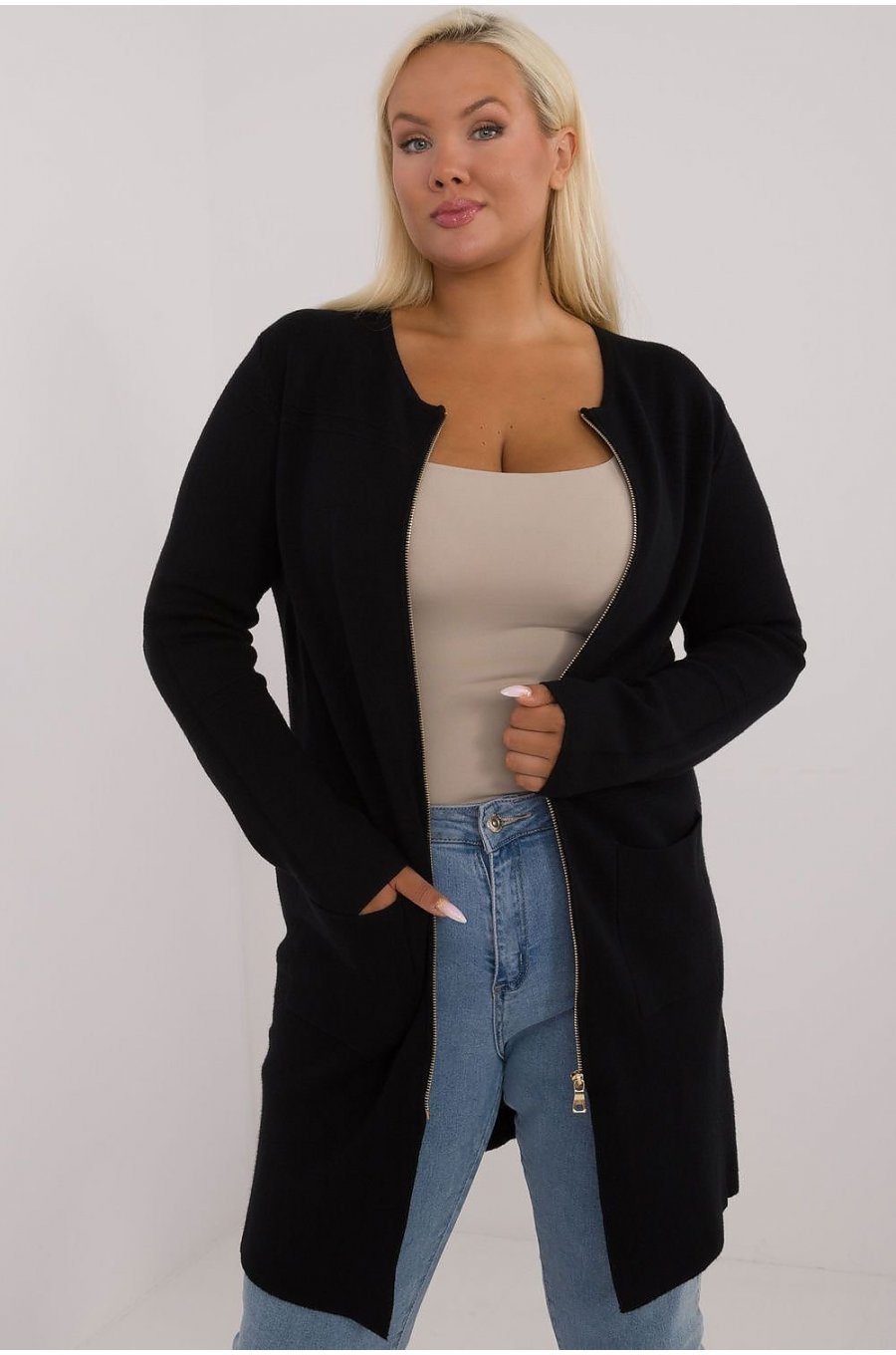 Pulover dama XXL midi, tip cardigan, negru, cu buzunare si fermoar, Carrie2 1 - jojofashion.ro