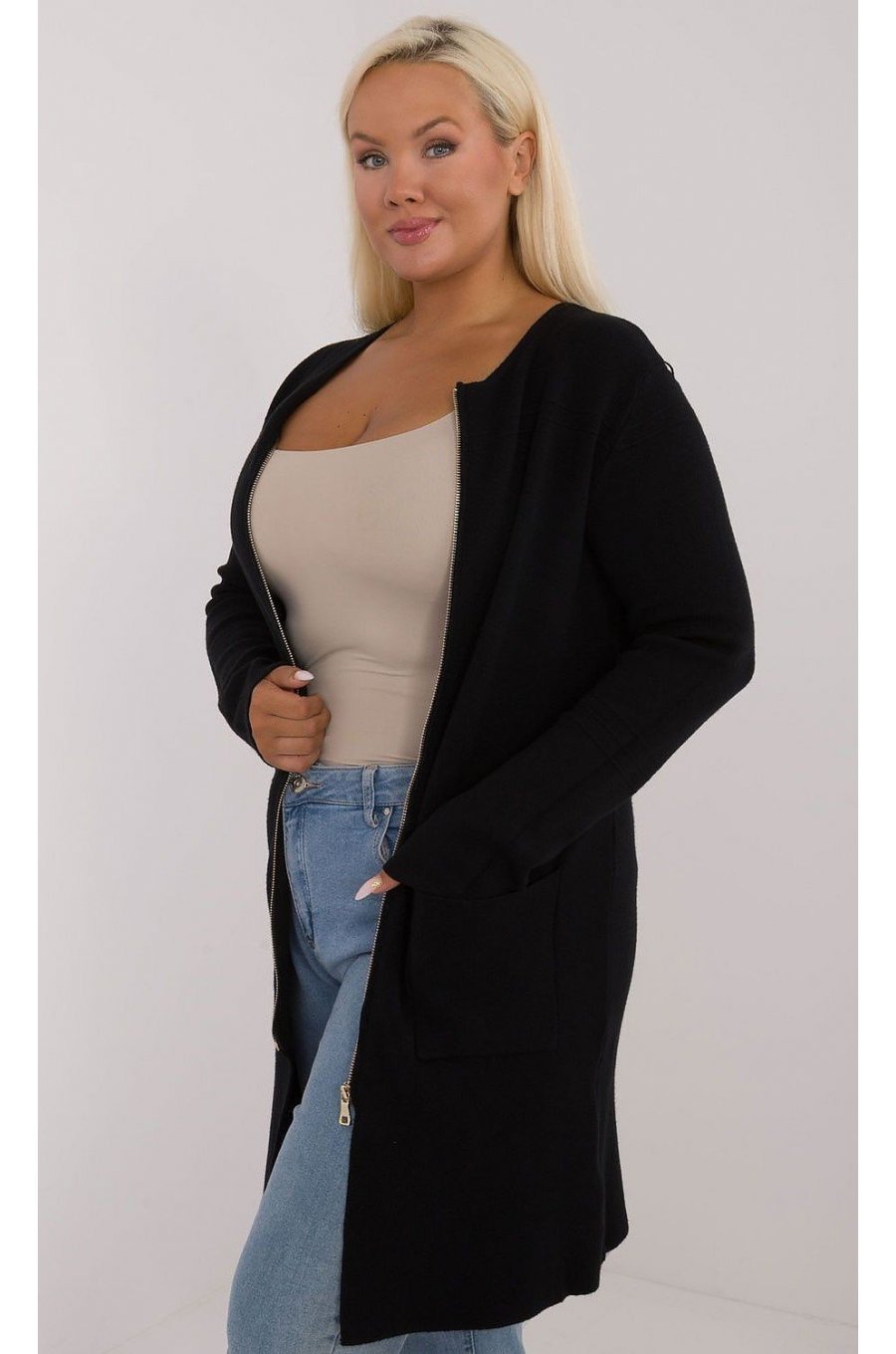 Pulover dama XXL midi, tip cardigan, negru, cu buzunare si fermoar, Carrie2 2 - jojofashion.ro