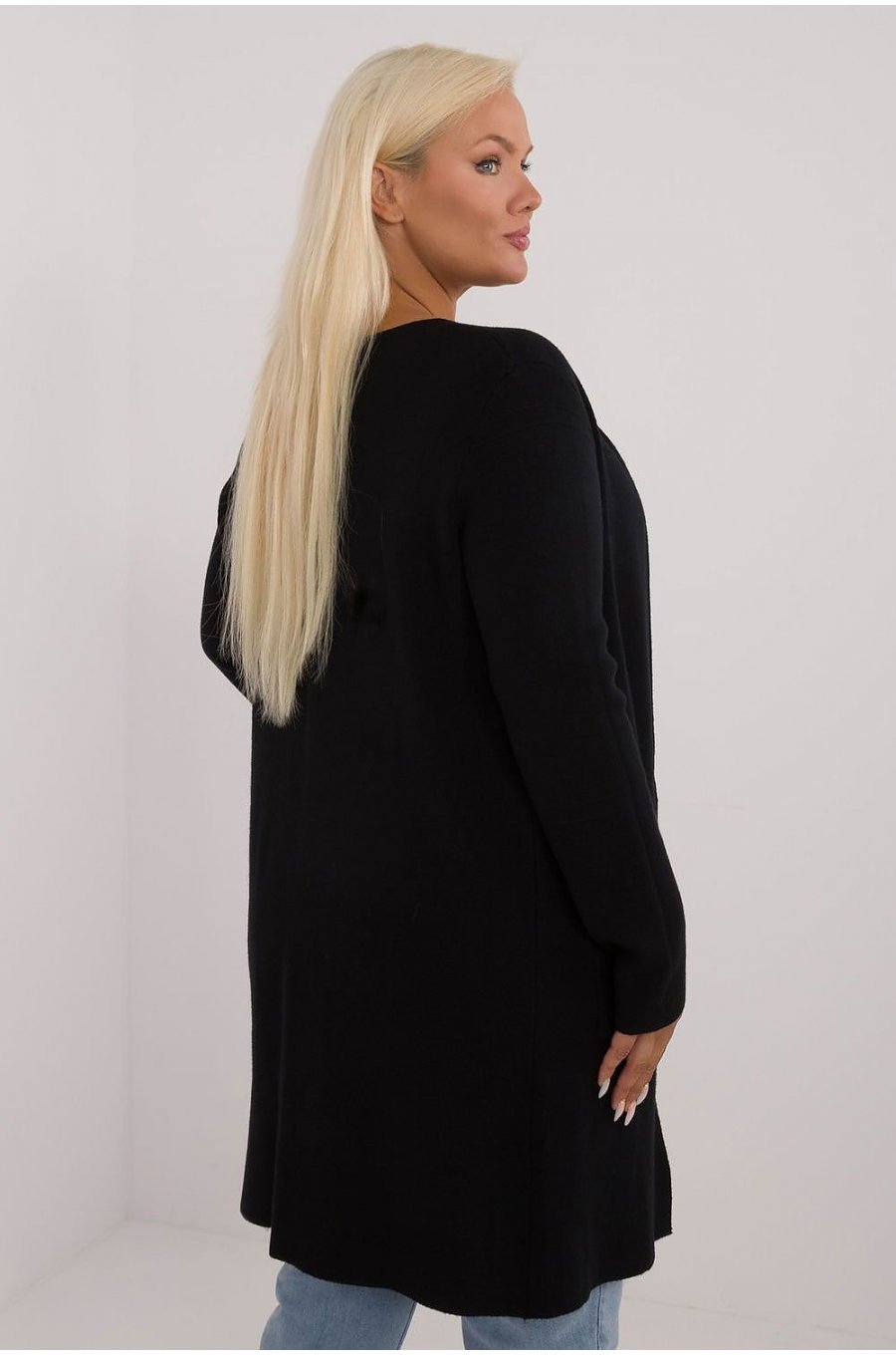Pulover dama XXL midi, tip cardigan, negru, cu buzunare si fermoar, Carrie2 3 - jojofashion.ro