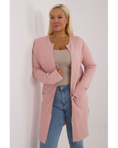 Pulovere dama, Pulover dama XXL midi, tip cardigan, roz pal, cu buzunare si fermoar, Carrie4 - jojofashion.ro