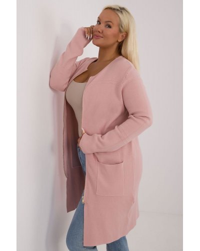 Pulovere dama, Pulover dama XXL midi, tip cardigan, roz pal, cu buzunare si fermoar, Carrie4 - jojofashion.ro
