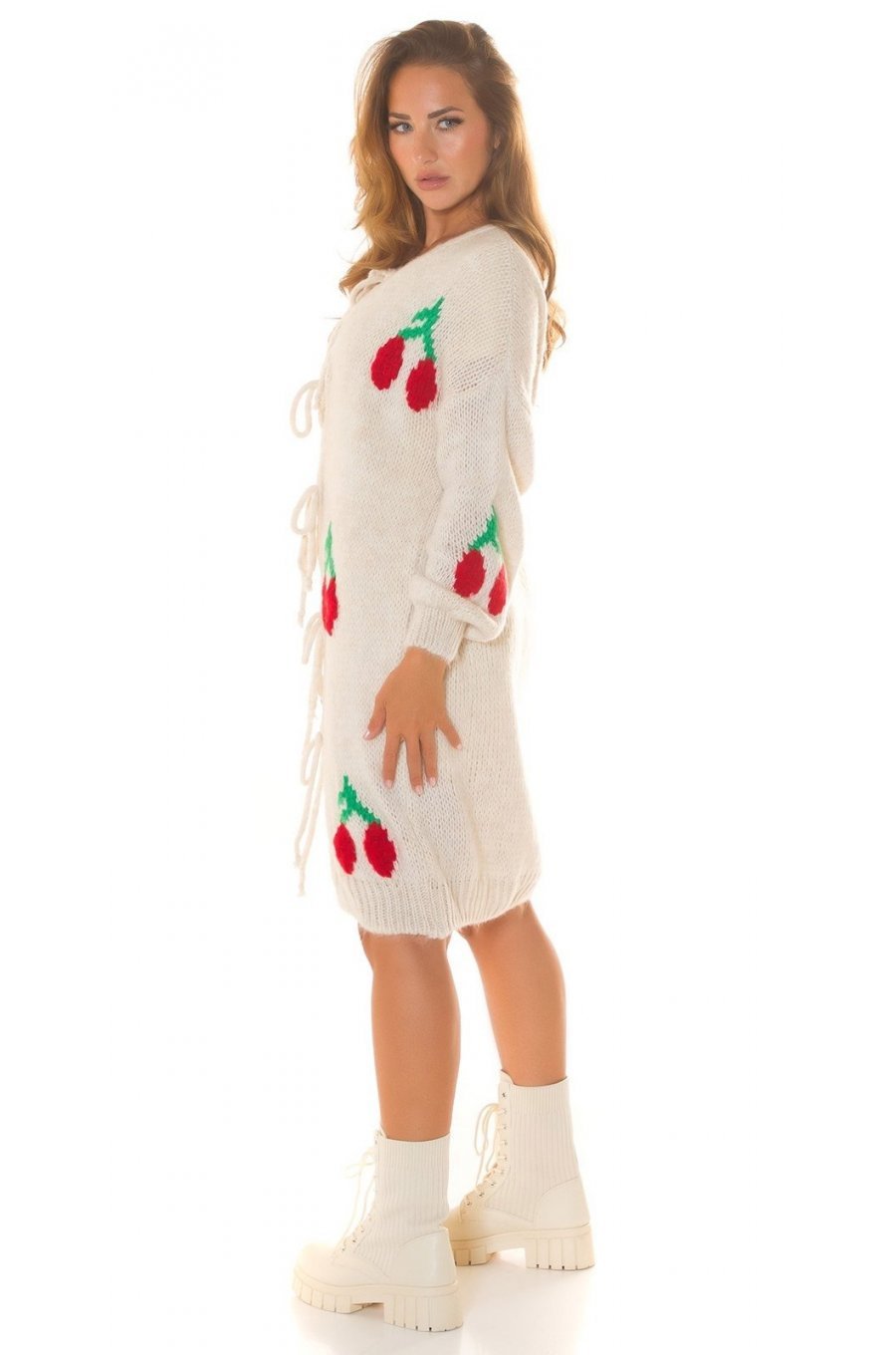 Pulover tip cardigan, lung, bej cu print, Cherry Pulover tip cardigan, lung, bej cu print, Cherry 2 - jojofashion.ro