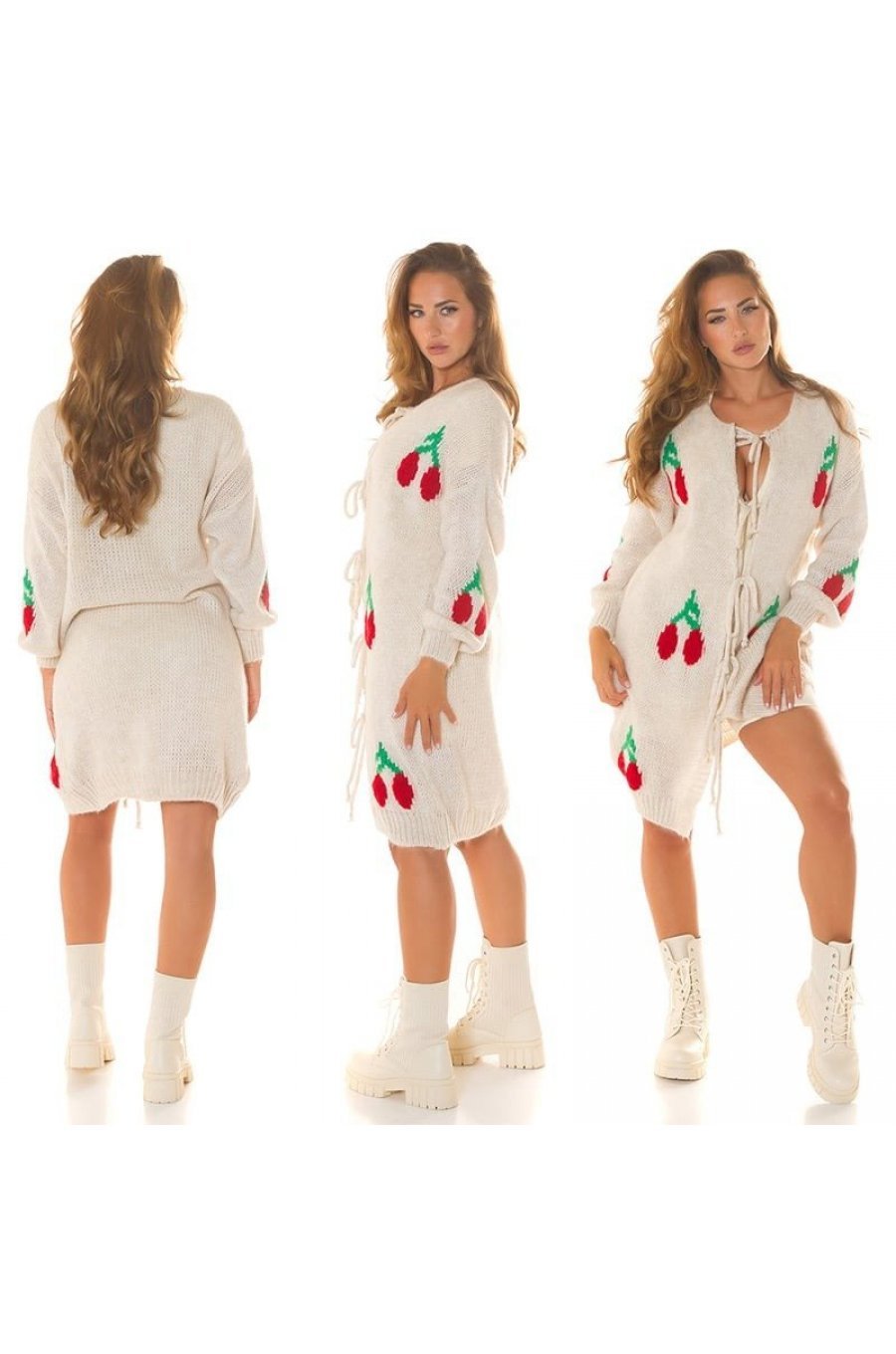 Pulover tip cardigan, lung, bej cu print, Cherry Pulover tip cardigan, lung, bej cu print, Cherry 5 - jojofashion.ro