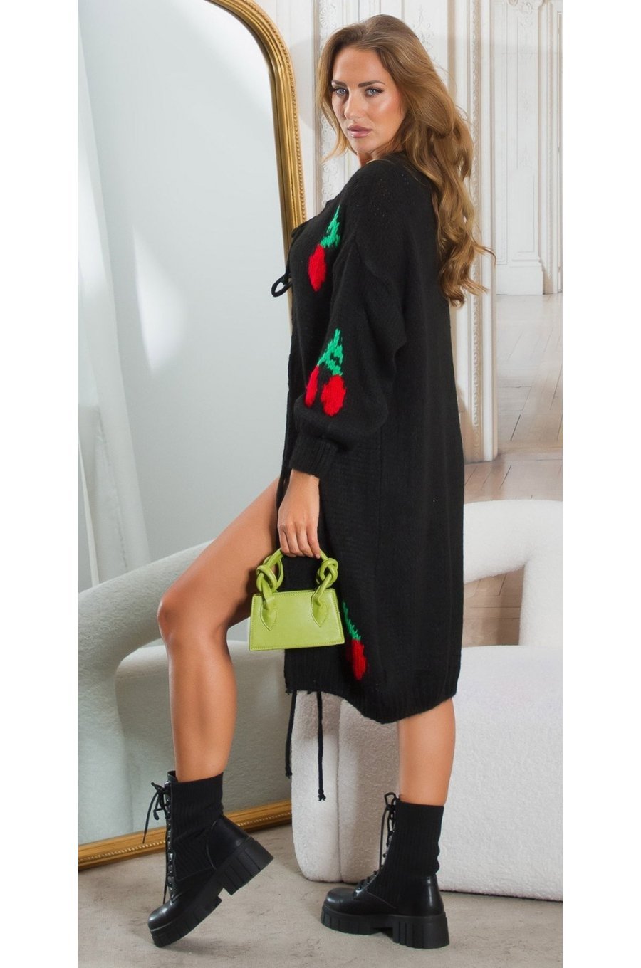 Pulover tip cardigan, lung, negru cu print, Cherry Pulover tip cardigan, lung, negru cu print, Cherry 2 - jojofashion.ro