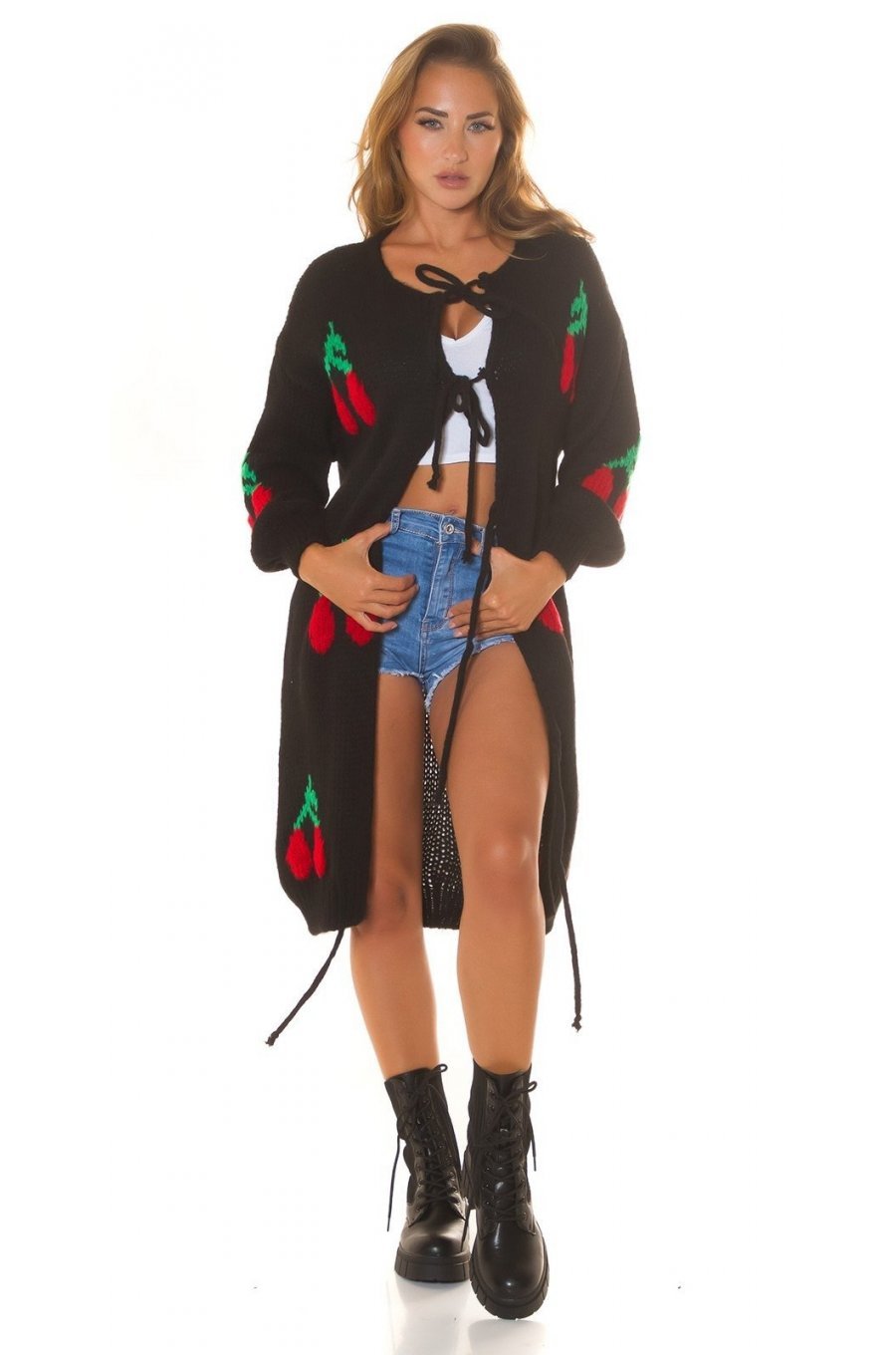 Pulover tip cardigan, lung, negru cu print, Cherry Pulover tip cardigan, lung, negru cu print, Cherry 3 - jojofashion.ro