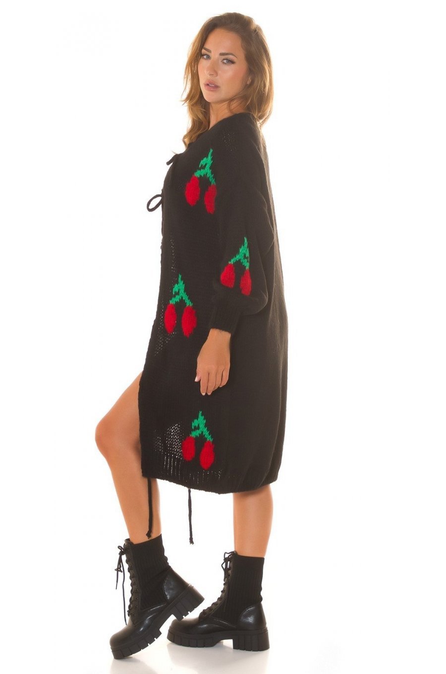 Pulover tip cardigan, lung, negru cu print, Cherry Pulover tip cardigan, lung, negru cu print, Cherry 4 - jojofashion.ro