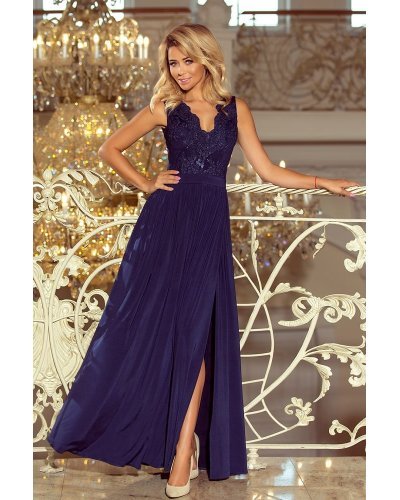 Rochie lunga vaporoasa cu broderie bleumarin Feodora Rochii lungi, Rochie lunga vaporoasa cu broderie bleumarin Feodora - jojofashion.ro