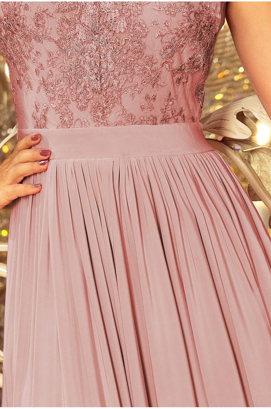 Rochie lunga roz taupe vaporoasa Feodora 5 - jojofashion.ro
