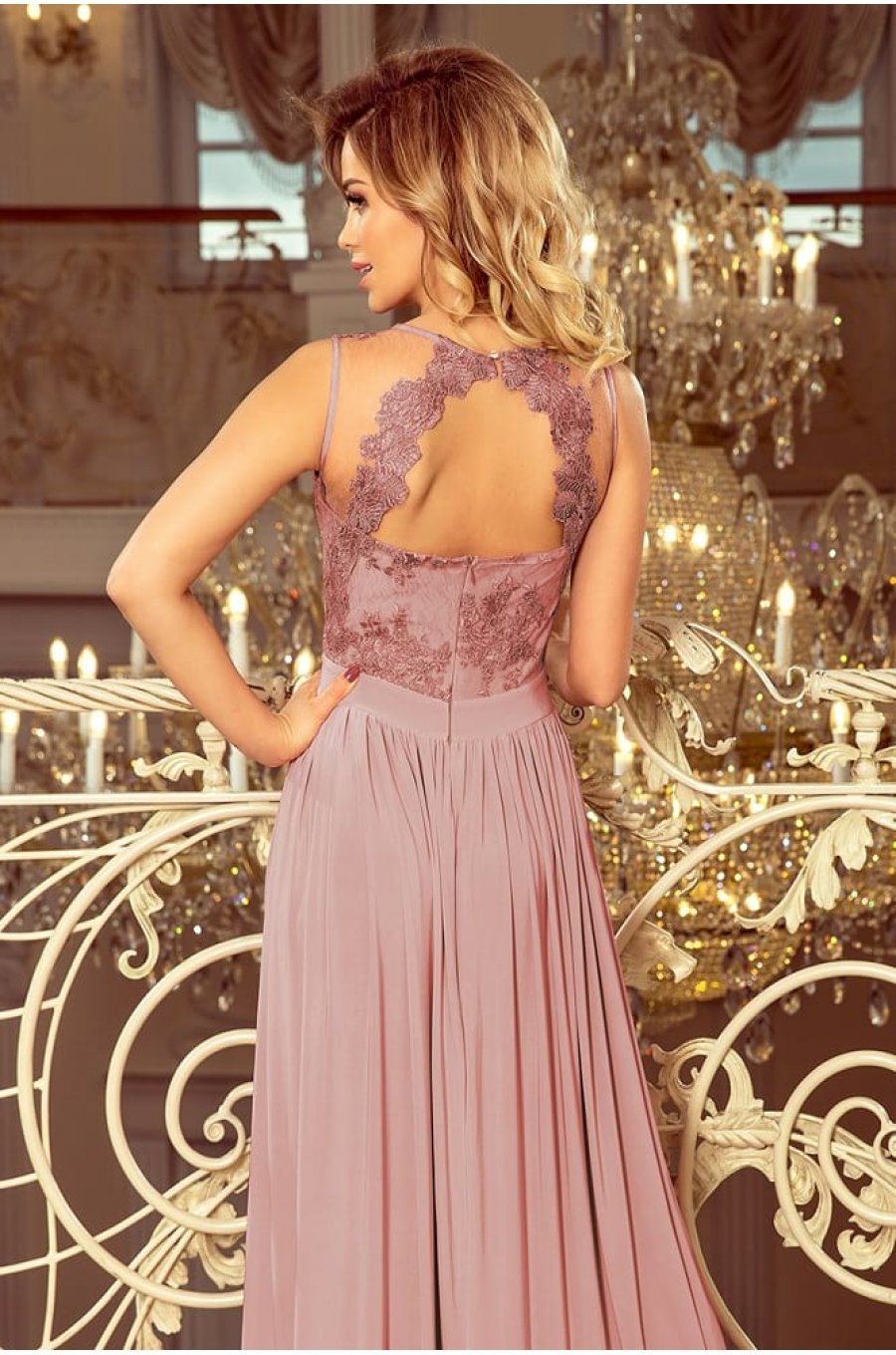 Rochie lunga roz taupe vaporoasa Feodora 4 - jojofashion.ro