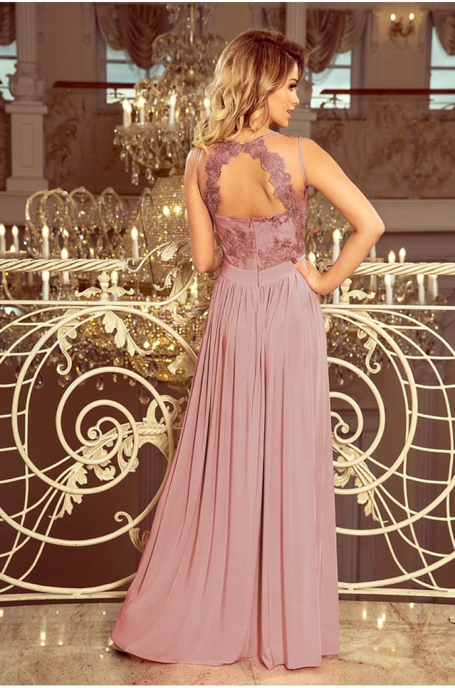 Rochie lunga roz taupe vaporoasa Feodora 2 - jojofashion.ro