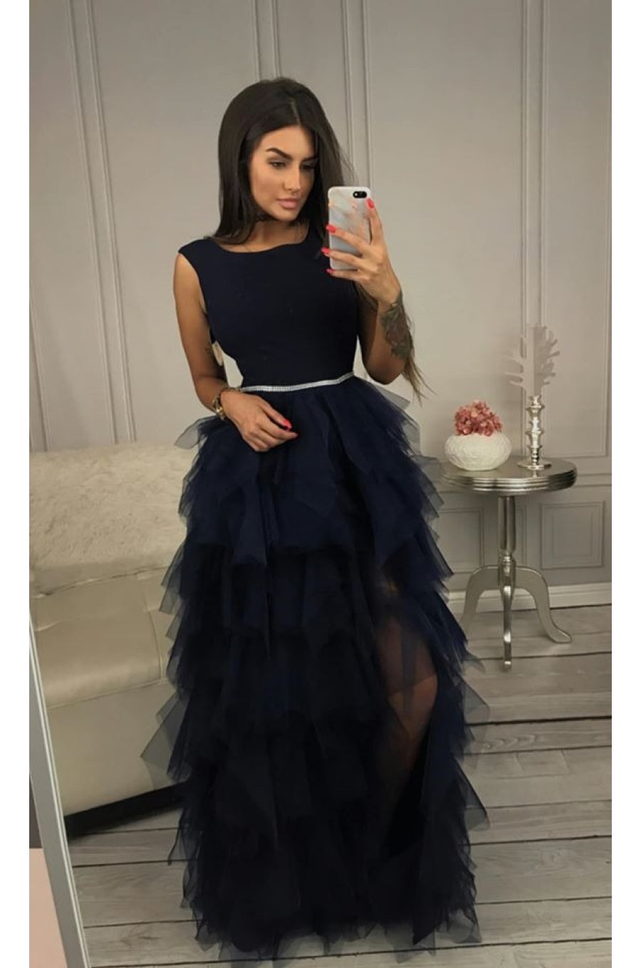 Rochie lunga din tul bleumarin cu pene  Dana 1 - jojofashion.ro
