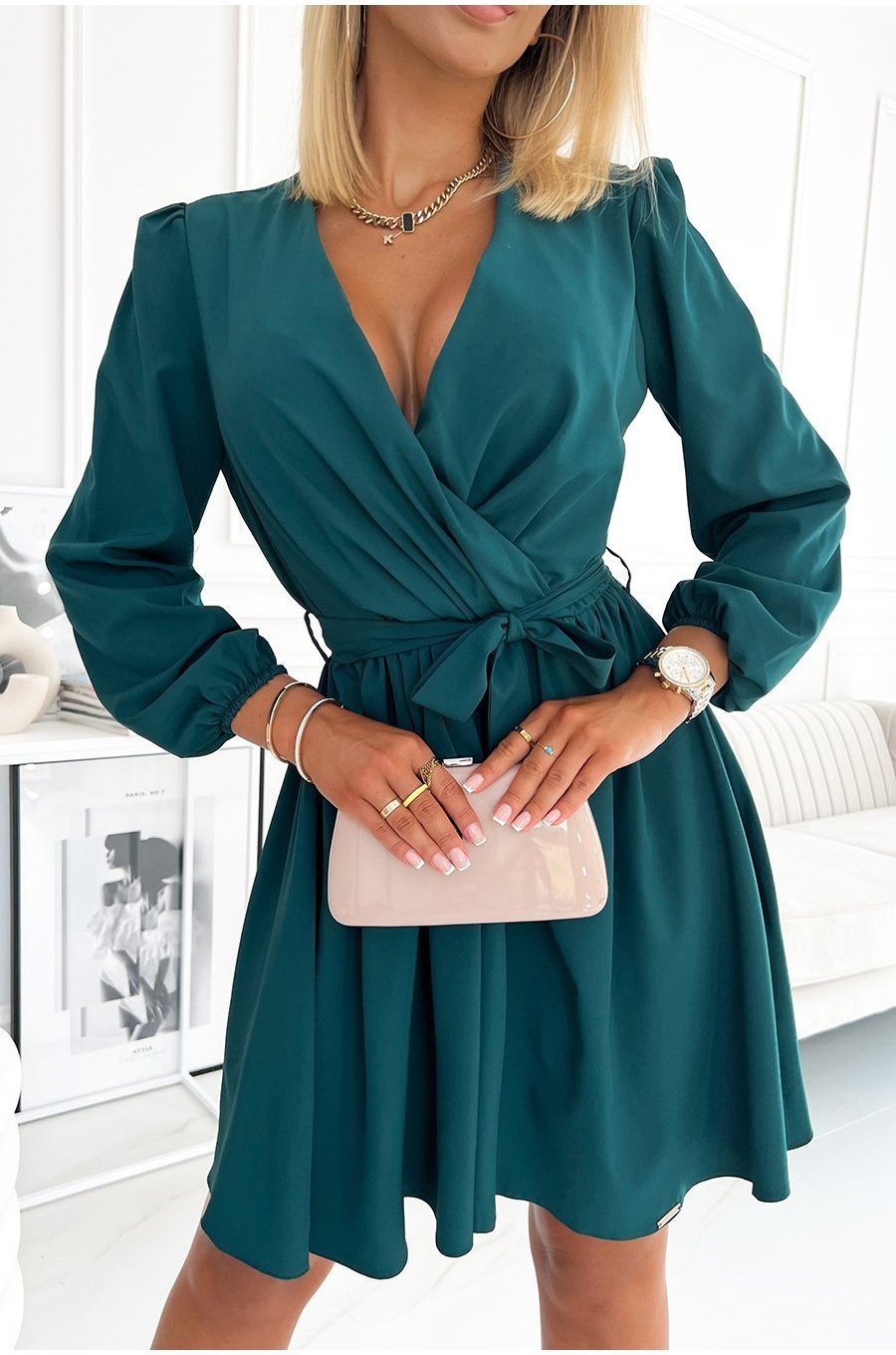 Rochie scurta, verde, cu maneca lunga, vaporoasa, petrecuta,  Aurora  4 - jojofashion.ro